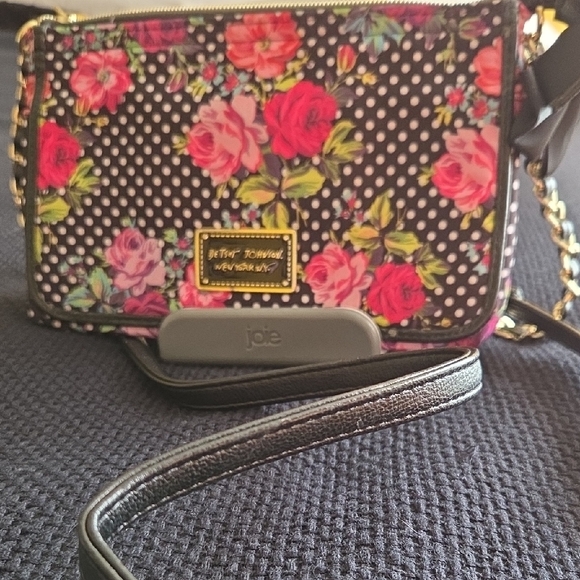 Betsey Johnson Handbags - Betsey Johnson Polka Dot Floral Crossbody Bag - Black and Pink